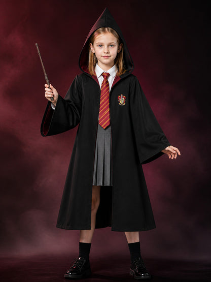 Wizard Academy Costume Set with Hooded Robe, Shirt, Pleated Skirt, Tie and Wand