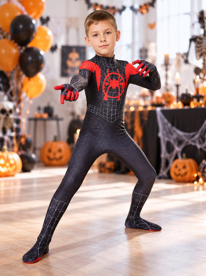 Superhero Costume Black with Red Web Pattern and Mask