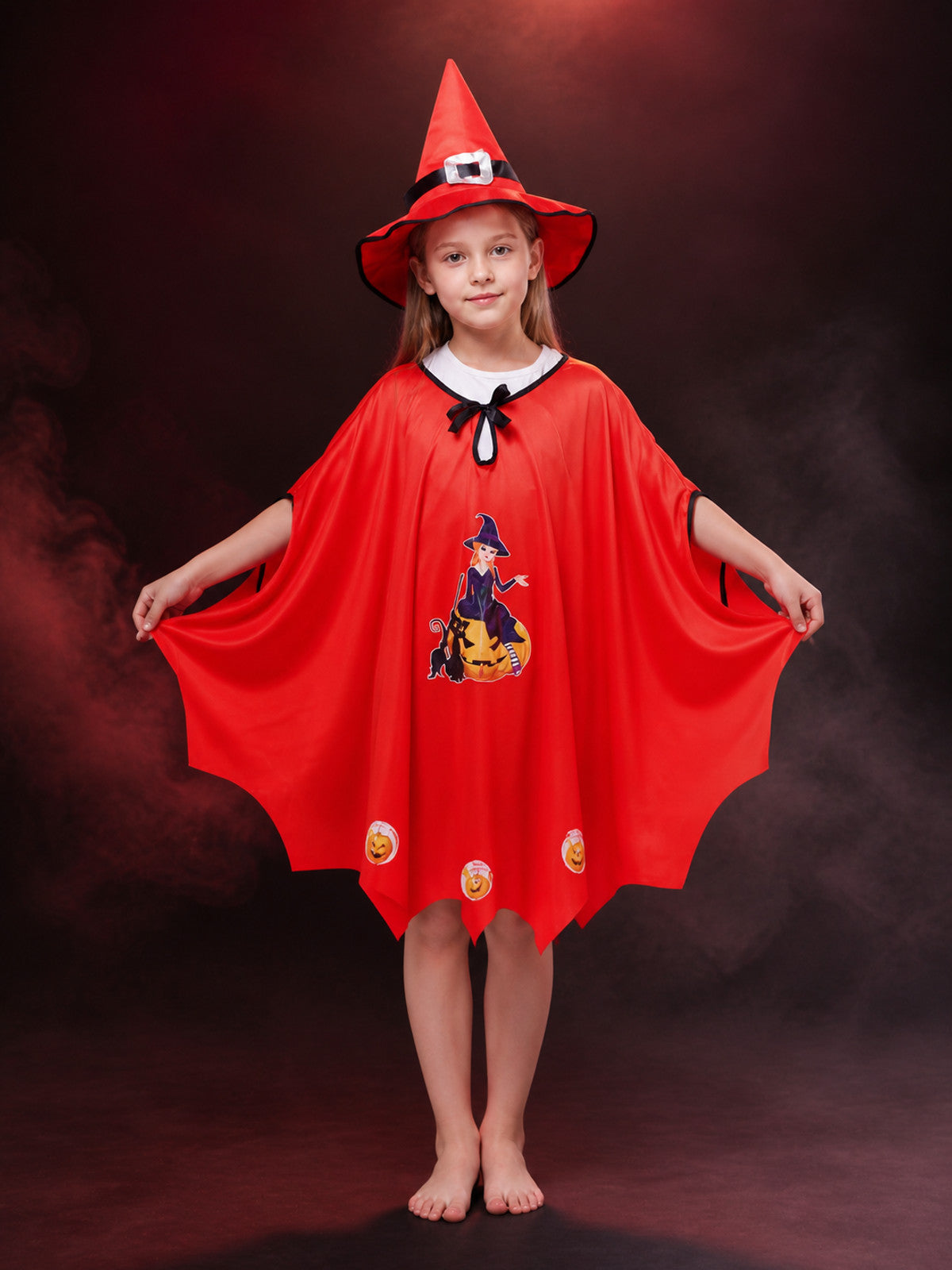 Kids' Wizard Costume Set, Red Witch Cloak with Black Cat Print and Pointed Hat main product view