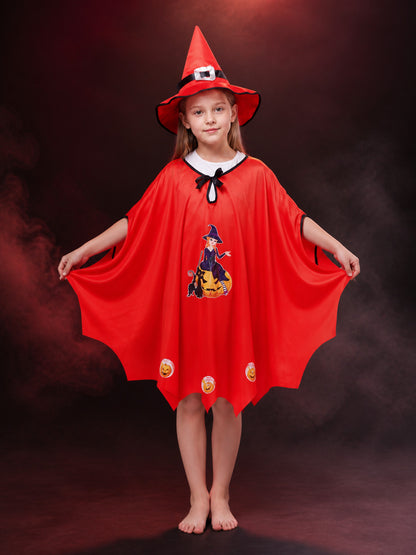 Kids' Wizard Costume Set, Red Witch Cloak with Black Cat Print and Pointed Hat main product view