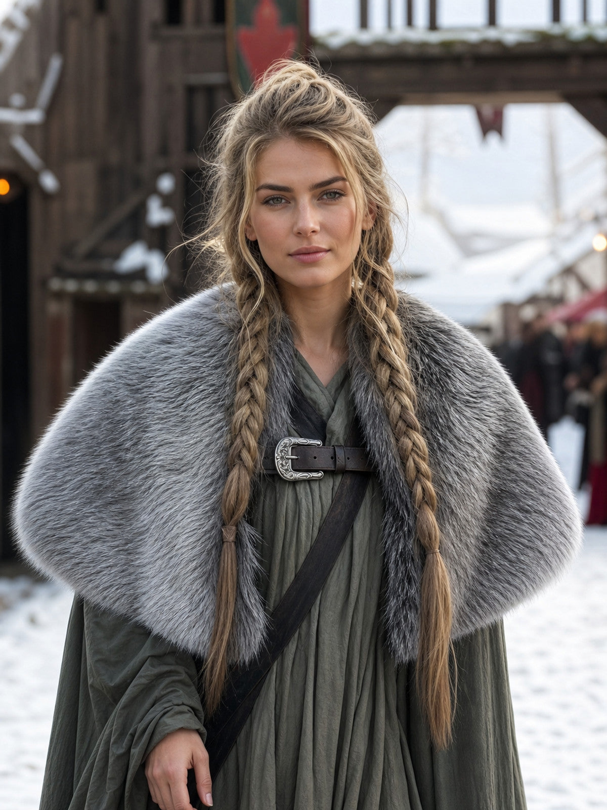 Gray fur-textured shoulder shawl with a black buckle, shown on a model in a snowy outdoor street