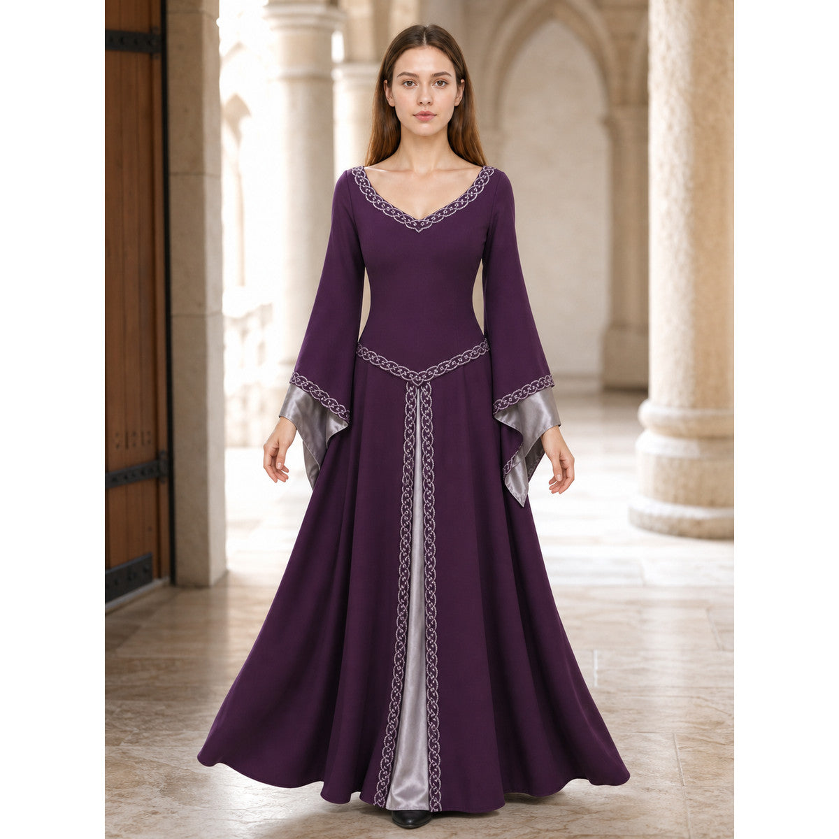 Long Fantasy-Style Dress with Bell Sleeves lifestyle view