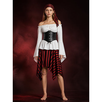 Women's Pirate Costume Set with Off Shoulder Top, Striped Skirt, Corset Belt & main product view