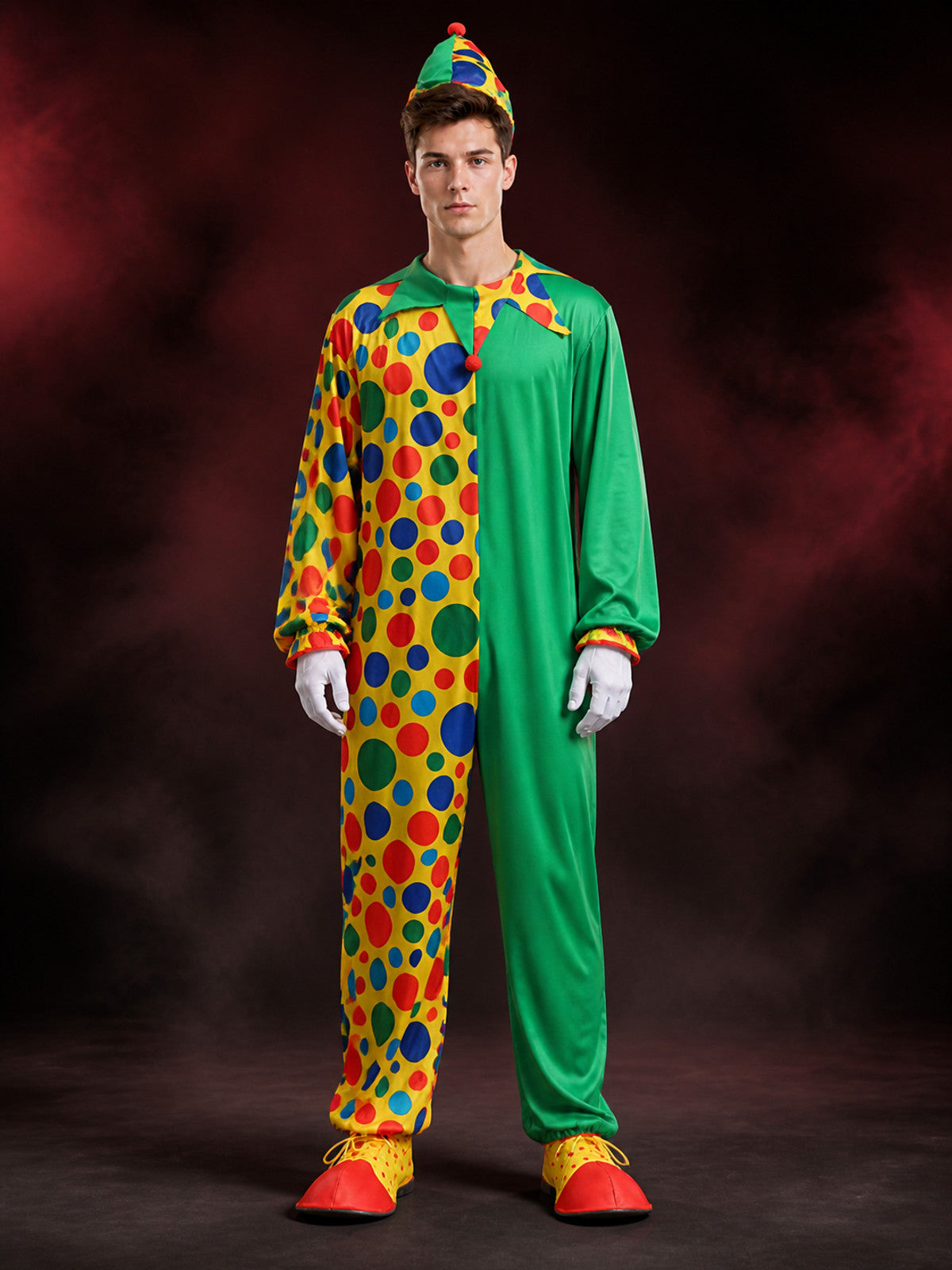 Unisex Jester Costume Jumpsuit, Colorful Polka Dot Clown Outfit with Hat