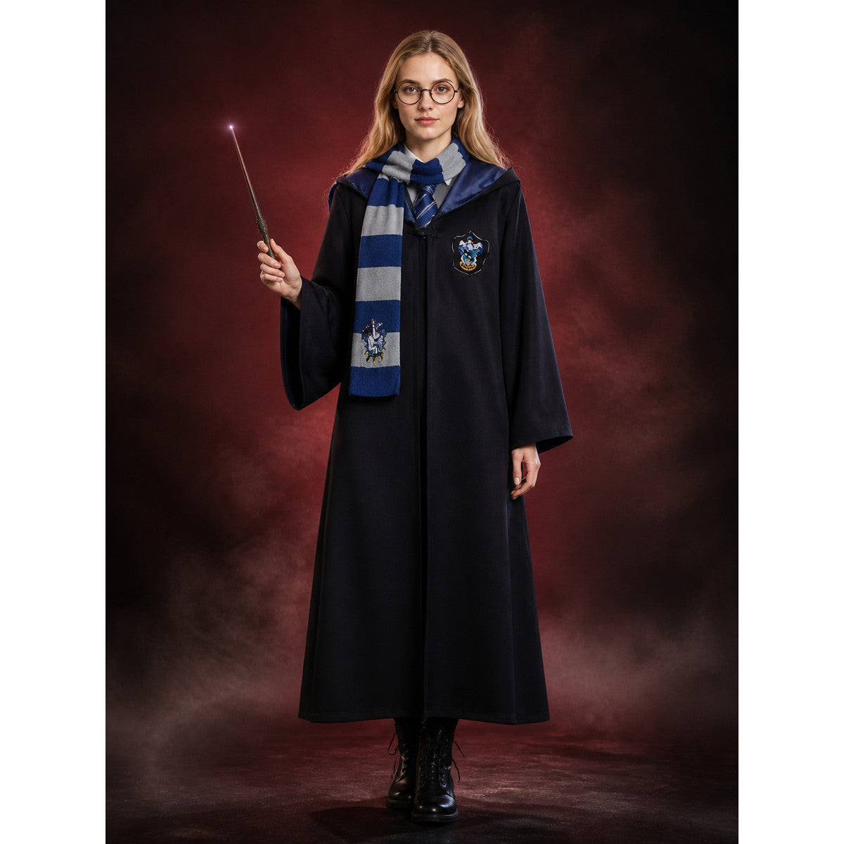 Wizard Robe Costume Set, Hooded Black Cloak with Blue-White Striped Scarf, Tie main product view