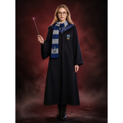Wizard Robe Costume Set, Hooded Black Cloak with Blue-White Striped Scarf, Tie main product view