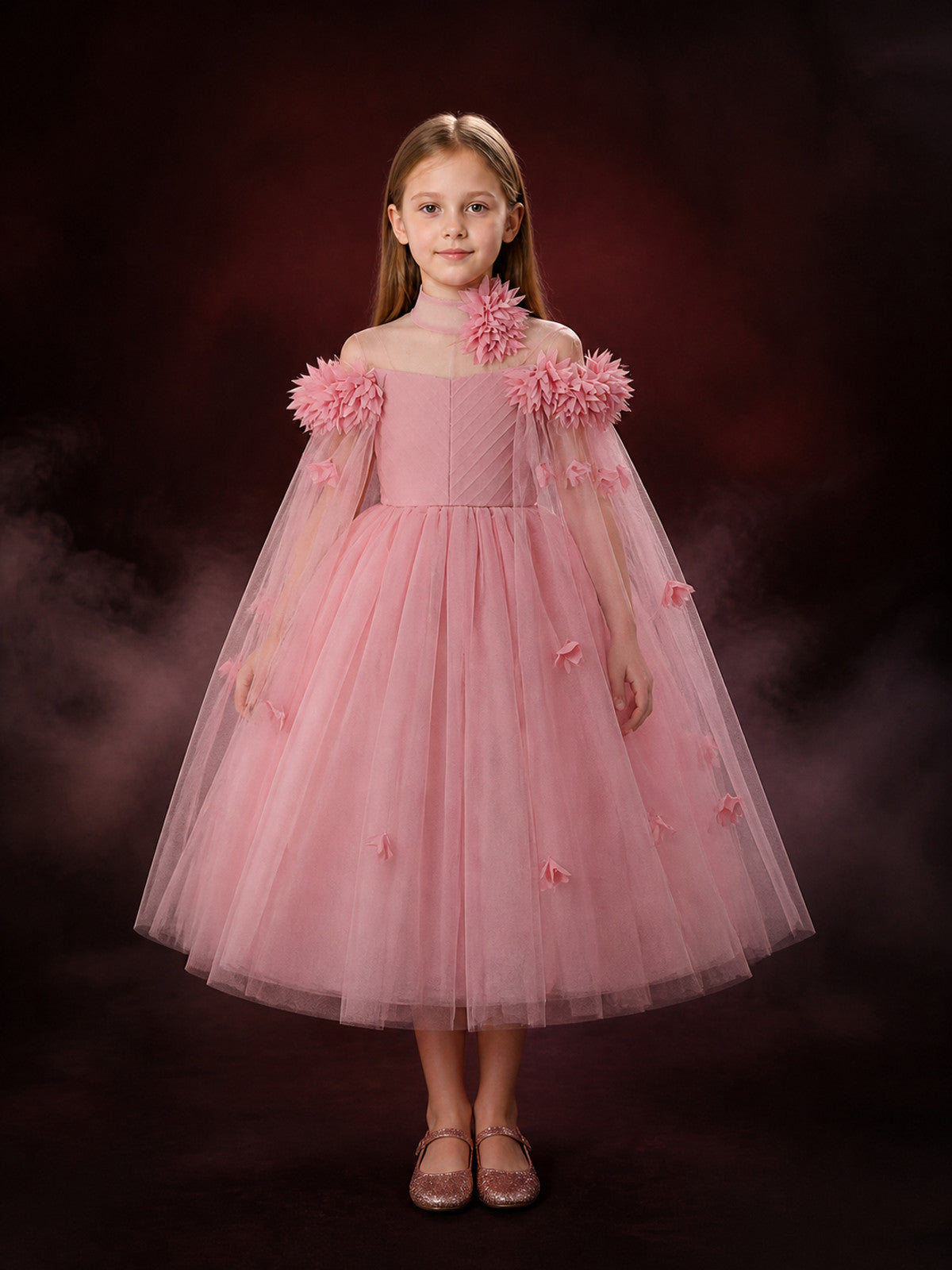 Baby Girls' Pink Princess Dress, Long-Sleeve Tulle Gown With 3D Floral main product view