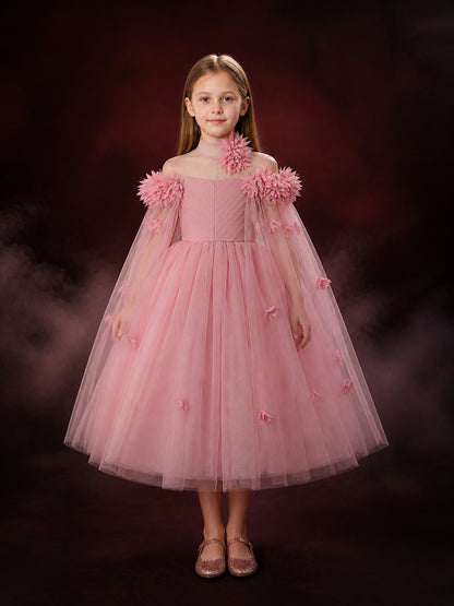 Baby Girls' Pink Princess Dress, Long-Sleeve Tulle Gown With 3D Floral main product view