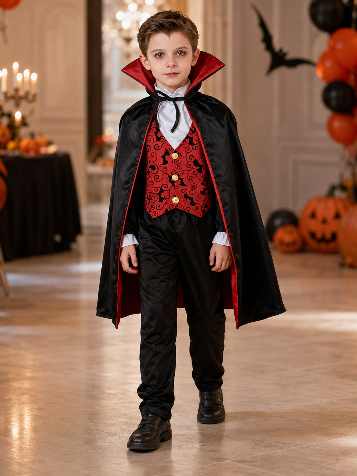 Children's vampire costume with cape, vest, and pants lifestyle view