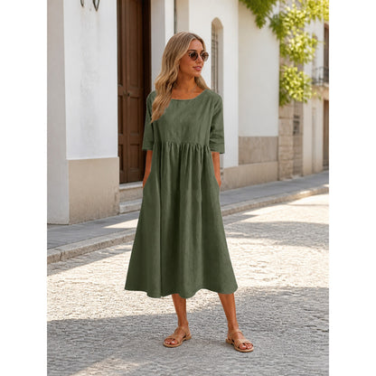 Olive Loose-Fit Dress with 3/4 Sleeves