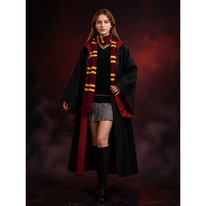 Halloween Wizard Robe Costume Set with Red and Gold Striped Scarf, Black Cloak main product view