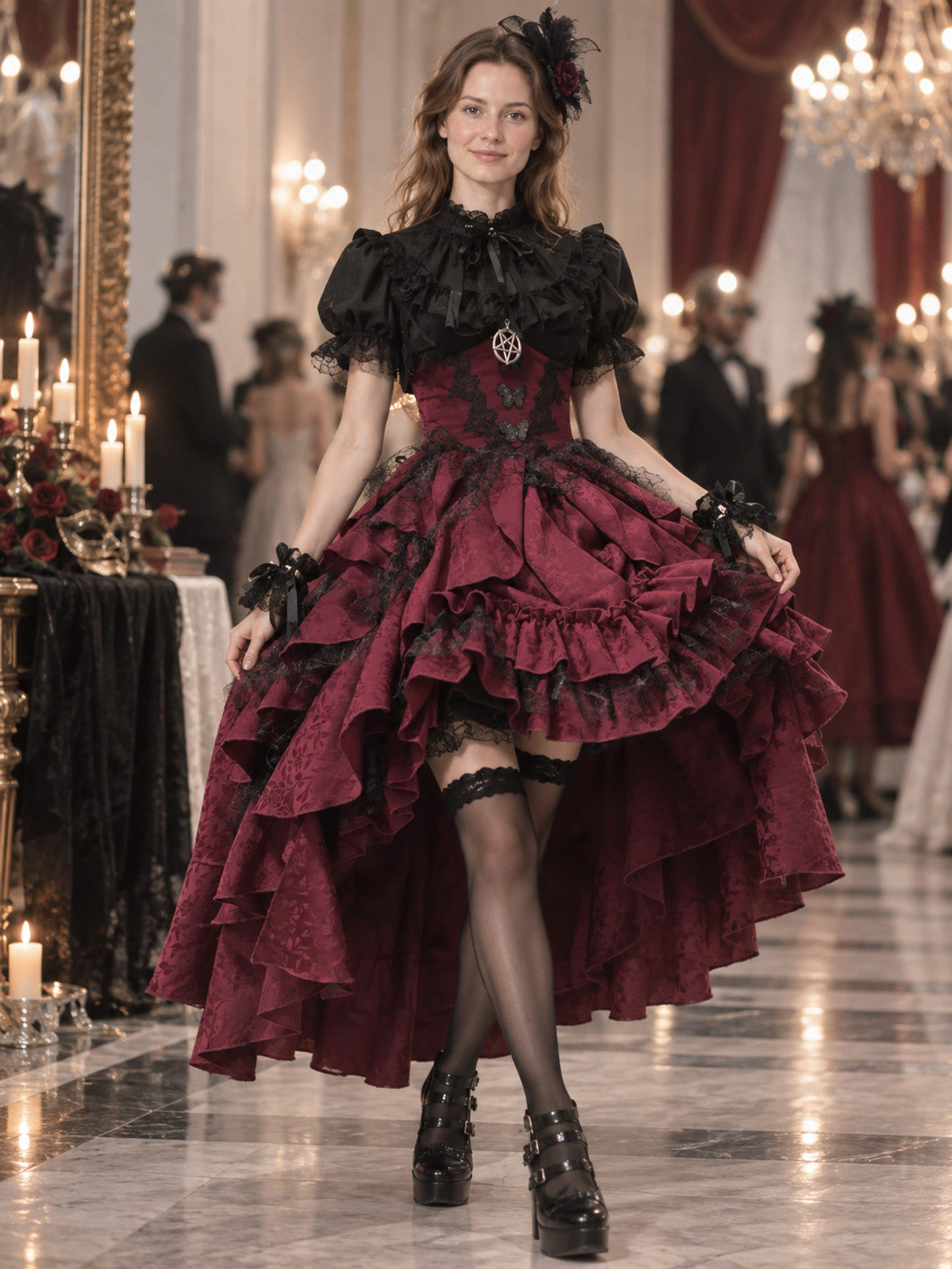 Gothic Lolita Style Costume, Dark Burgundy with Lace