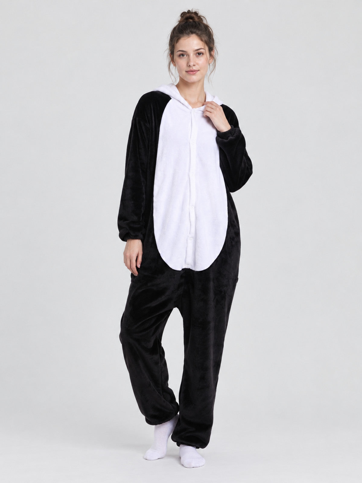 Black and White Fleece Kigurumi Pajama with Hood and Tail