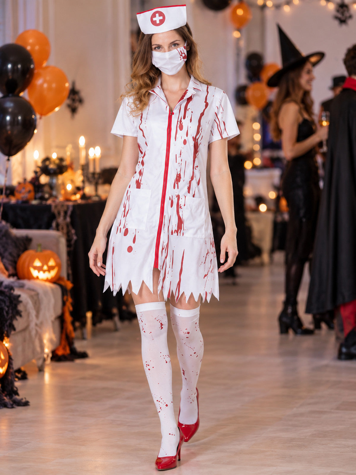 White Nurse Costume with Blood Effect, Cap, Mask