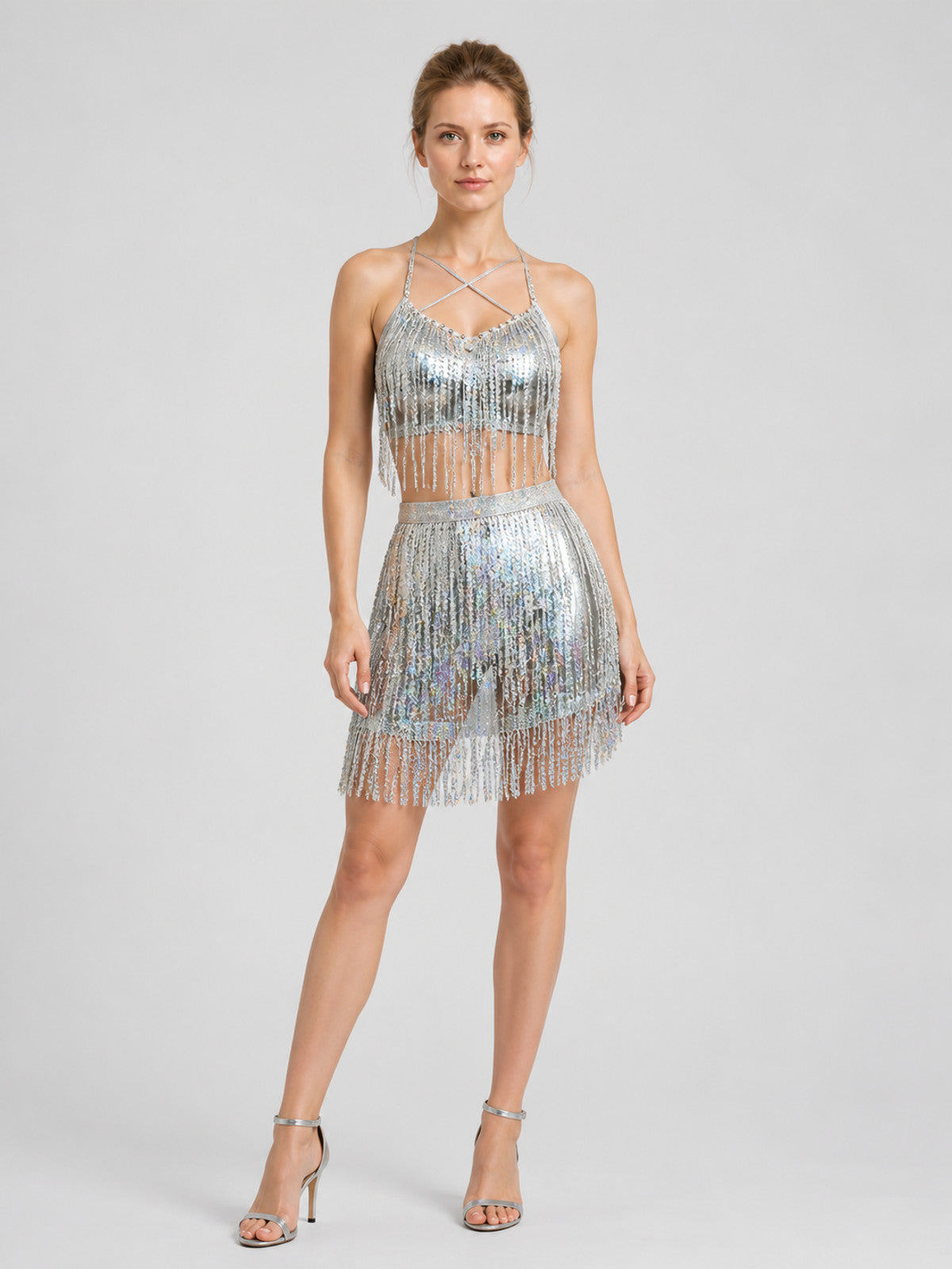 Latin Dance Costume: Sequin and Fringe Top and Skirt Costumes detail