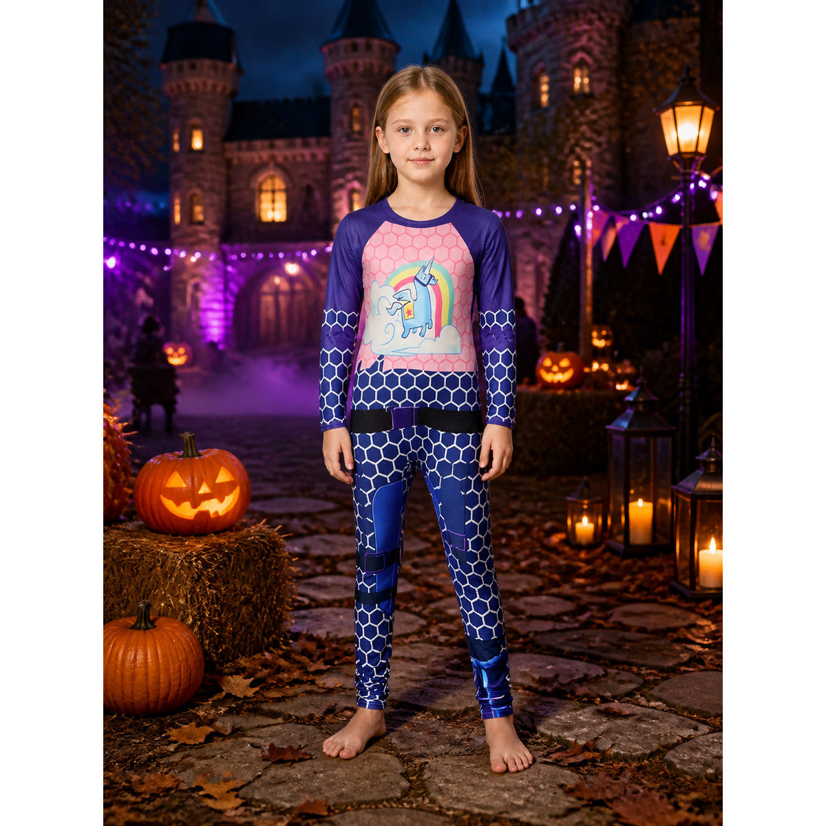 Kids Unicorn Rainbow Cosplay Bodysuit Costume with Mesh Pattern and Black Costumes detail