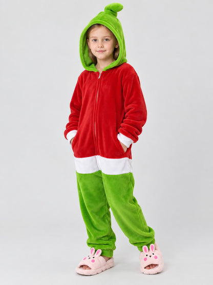 Red and green hooded zip-up pajama jumpsuit