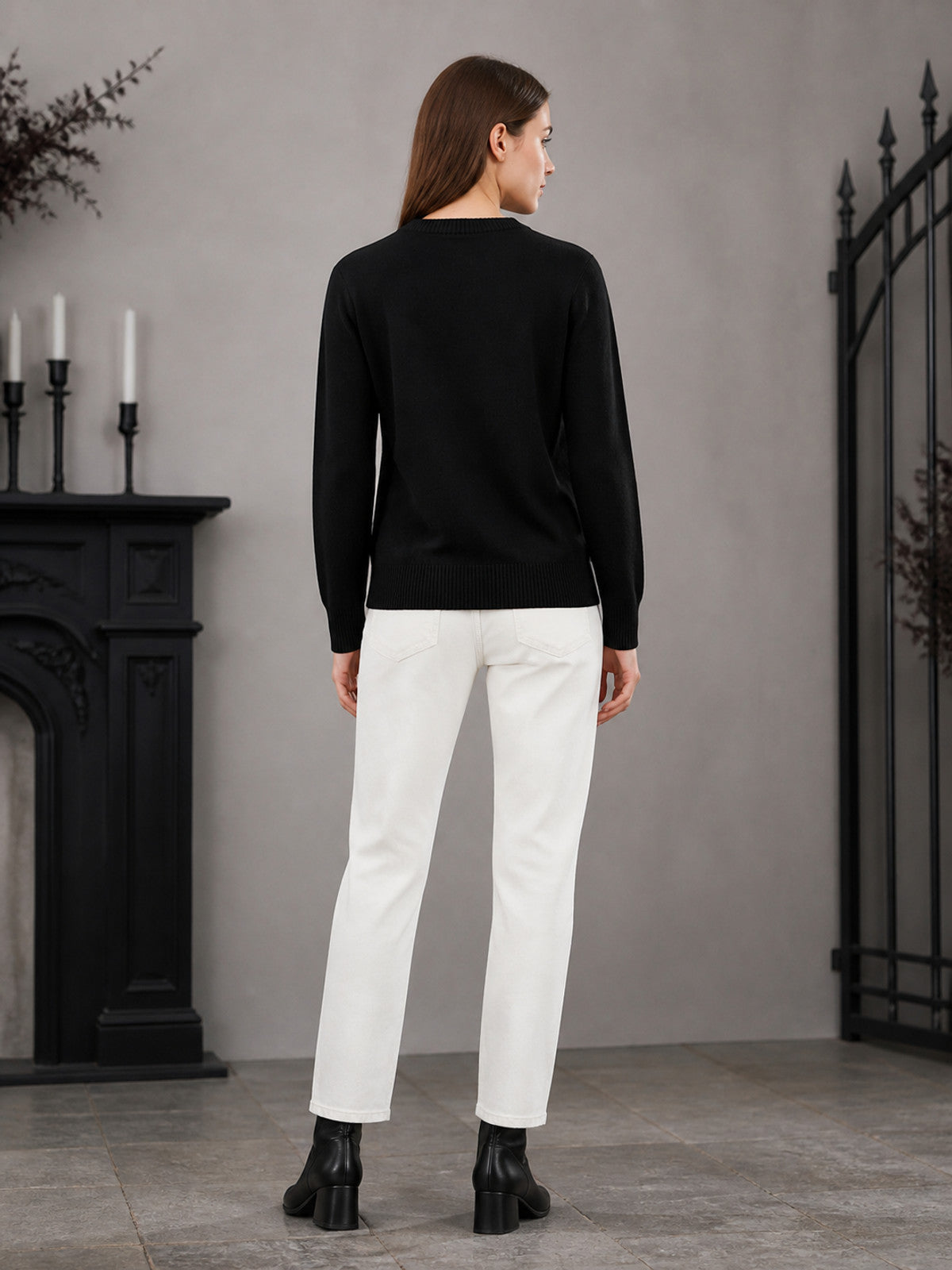 Black Long Sleeve Crew Neck Knit Sweater Featuring a White Eagle Head with