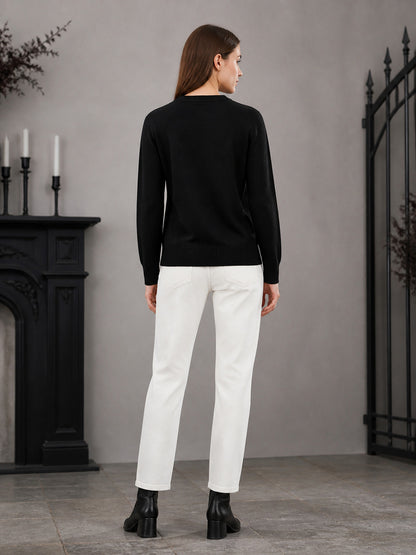 Black Long Sleeve Crew Neck Knit Sweater Featuring a White Eagle Head with