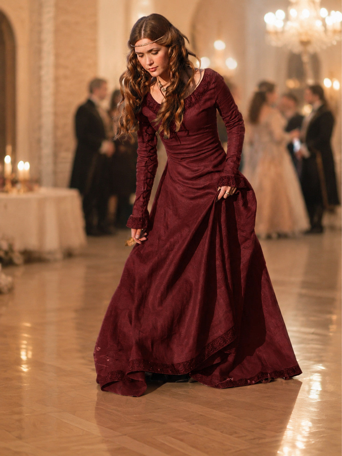 Long Burgundy Dress with a High Waist lifestyle view