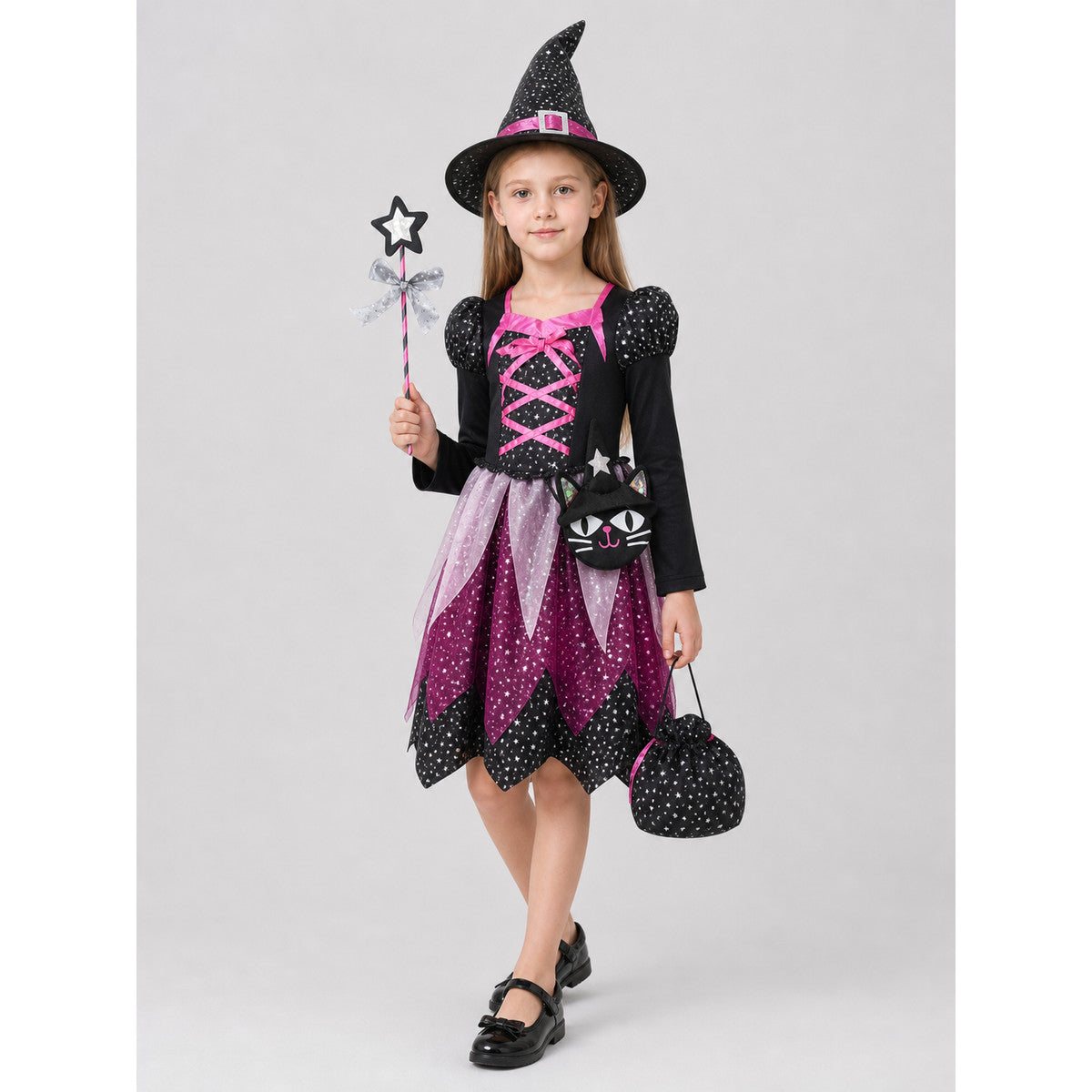 Witch Costume with Dress, Hat, and Wand on-model front view