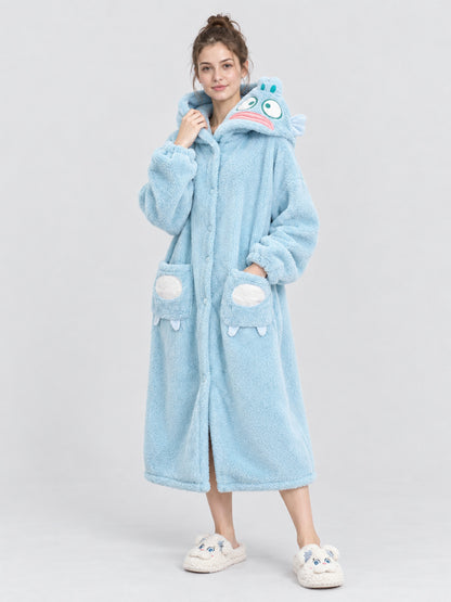 Light Blue Hooded Robe with Fish and Pockets
