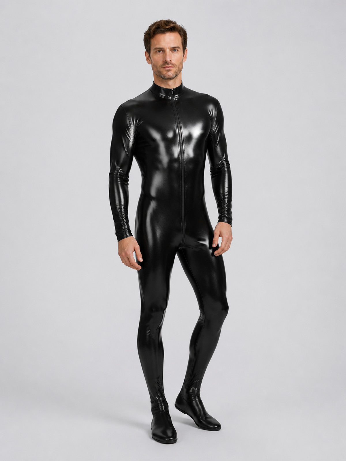 Black Glossy Form-Fitting Jumpsuit with Zipper for Stage