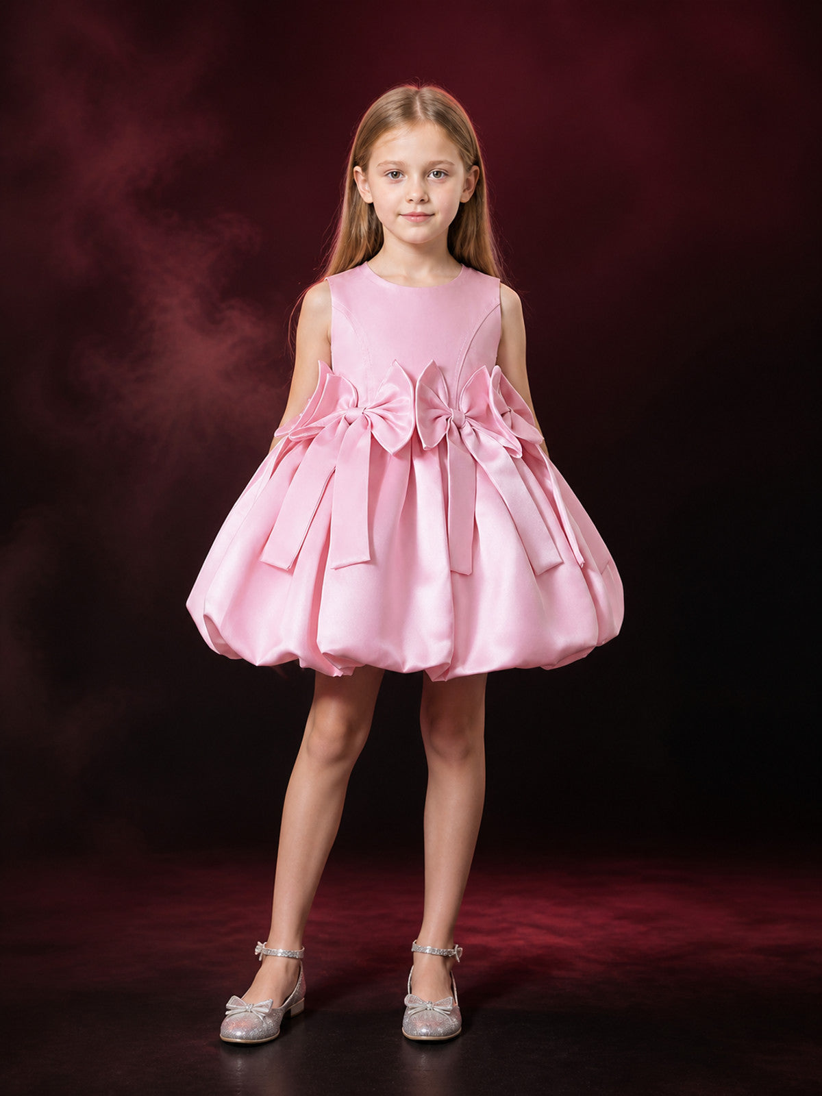 Girls' Pink Princess Dress, Sleeveless Puffy Skirt With Multiple Bow Details main product view