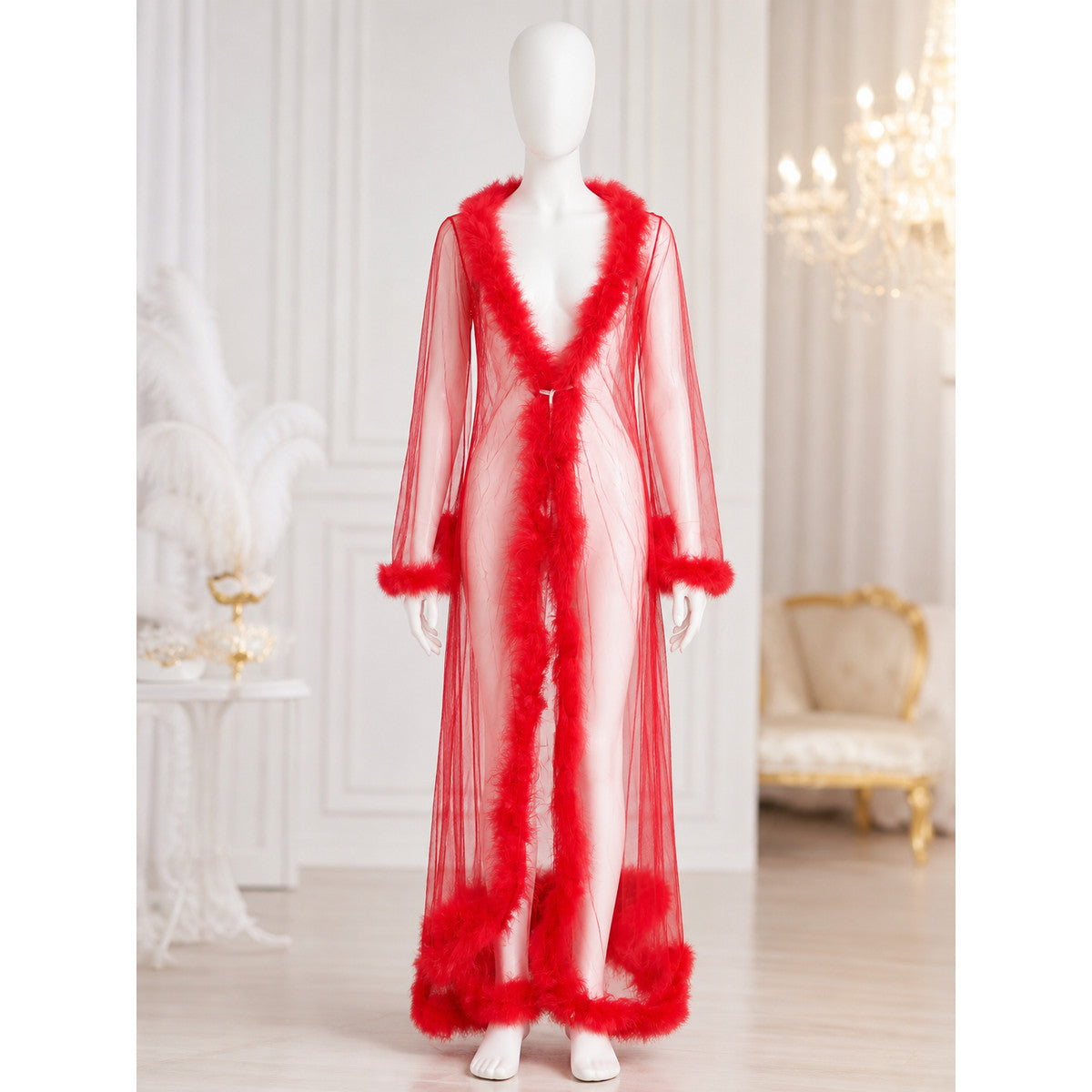 Open-Front Robe with Red Fuzzy Trim