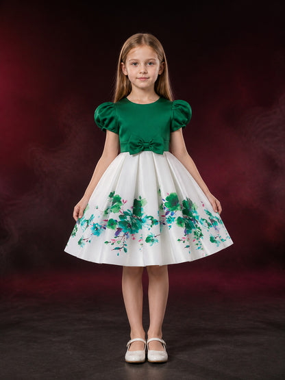 Girls' Green and White Floral Princess Dress with Puff Sleeves and Bow main product view
