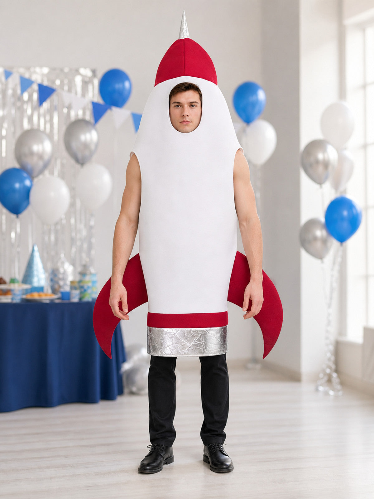The rocket costume is designed in the shape of a space rocket and is suitable
