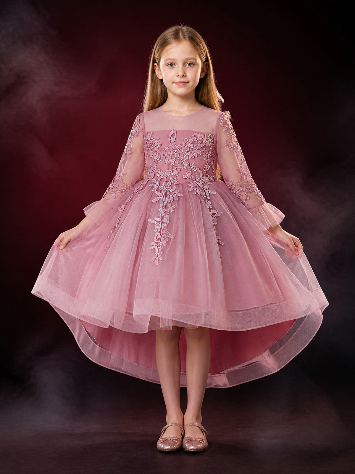 Girls' Princess Formal Dress, Long Sleeve Floral Embroidered Layered Tulle Skirt main product view