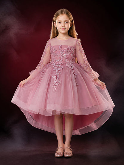 Girls' Princess Formal Dress, Long Sleeve Floral Embroidered Layered Tulle Skirt main product view