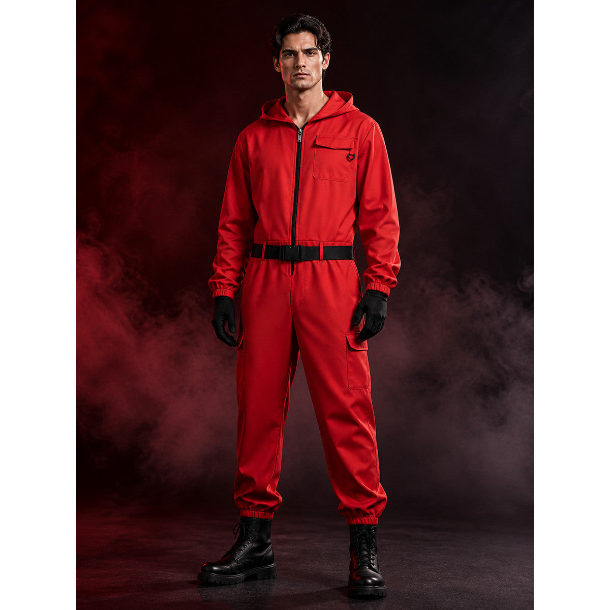 Red Hooded Prison Jumpsuit Costume Set with Belt and Gloves, Cosplay Halloween main product view