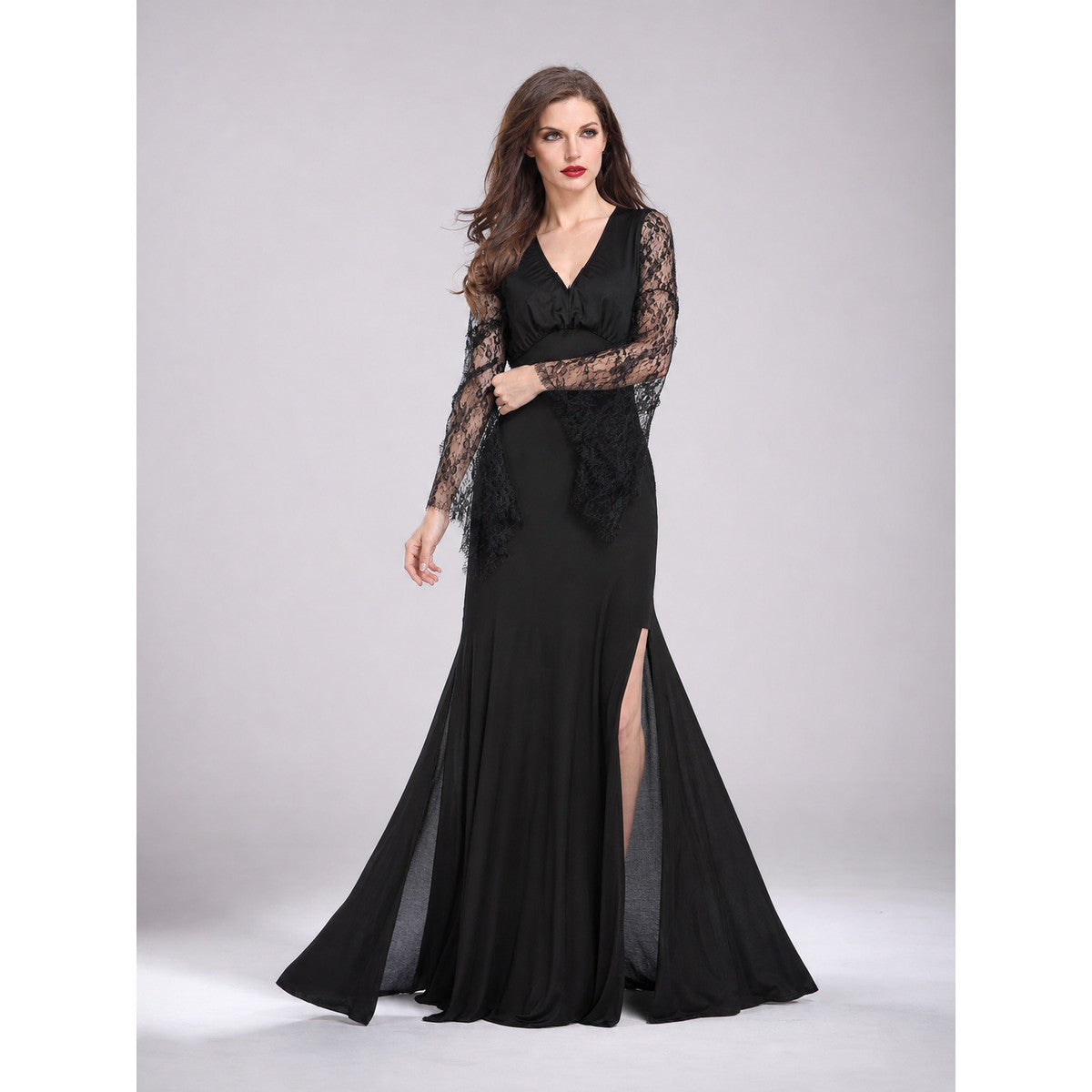Black Long Dress with Lace Sleeves