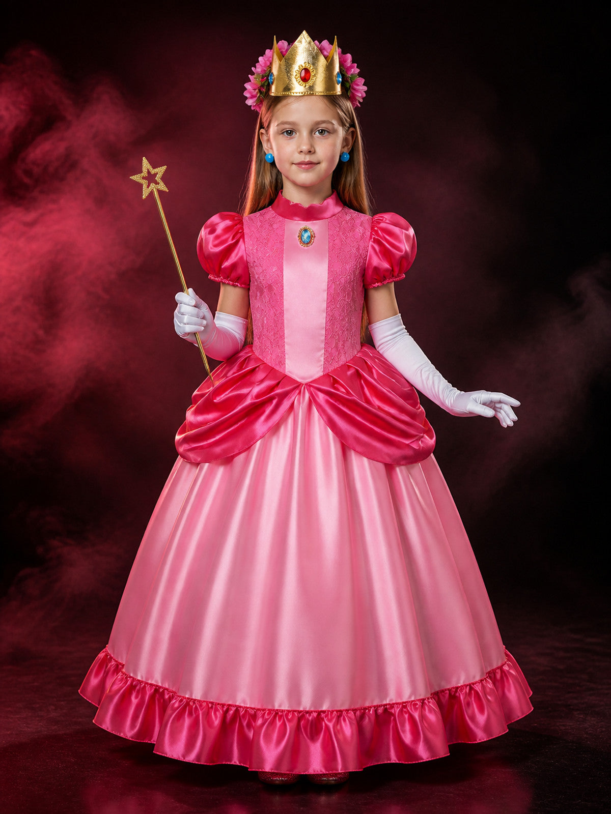 Girls Halloween Peach Pink Princess Costume Set with Lace Ball Gown, Crown &