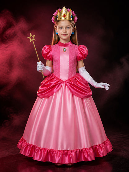 Girls Halloween Peach Pink Princess Costume Set with Lace Ball Gown, Crown &