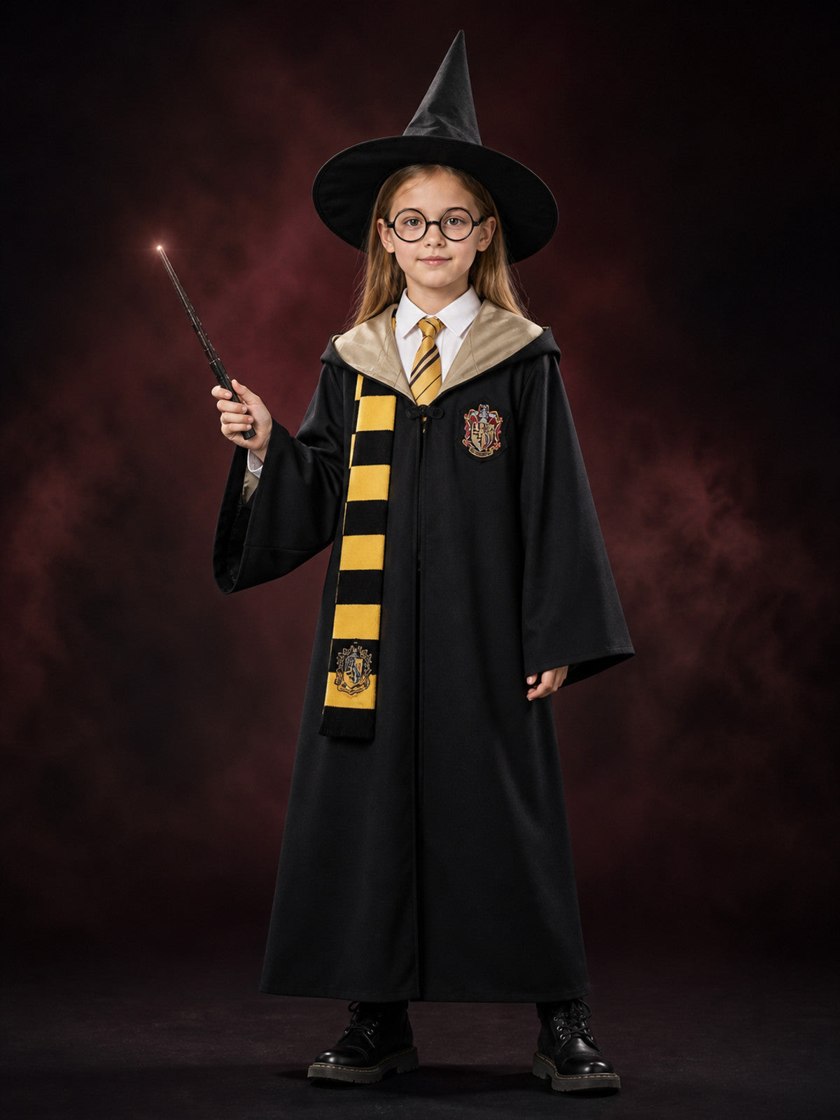 Black Wizard Costume Set With Hooded Robe, Hat, Scarf, Tie, Glasses And Wand main product view