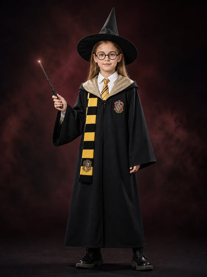 Black Wizard Costume Set With Hooded Robe, Hat, Scarf, Tie, Glasses And Wand main product view