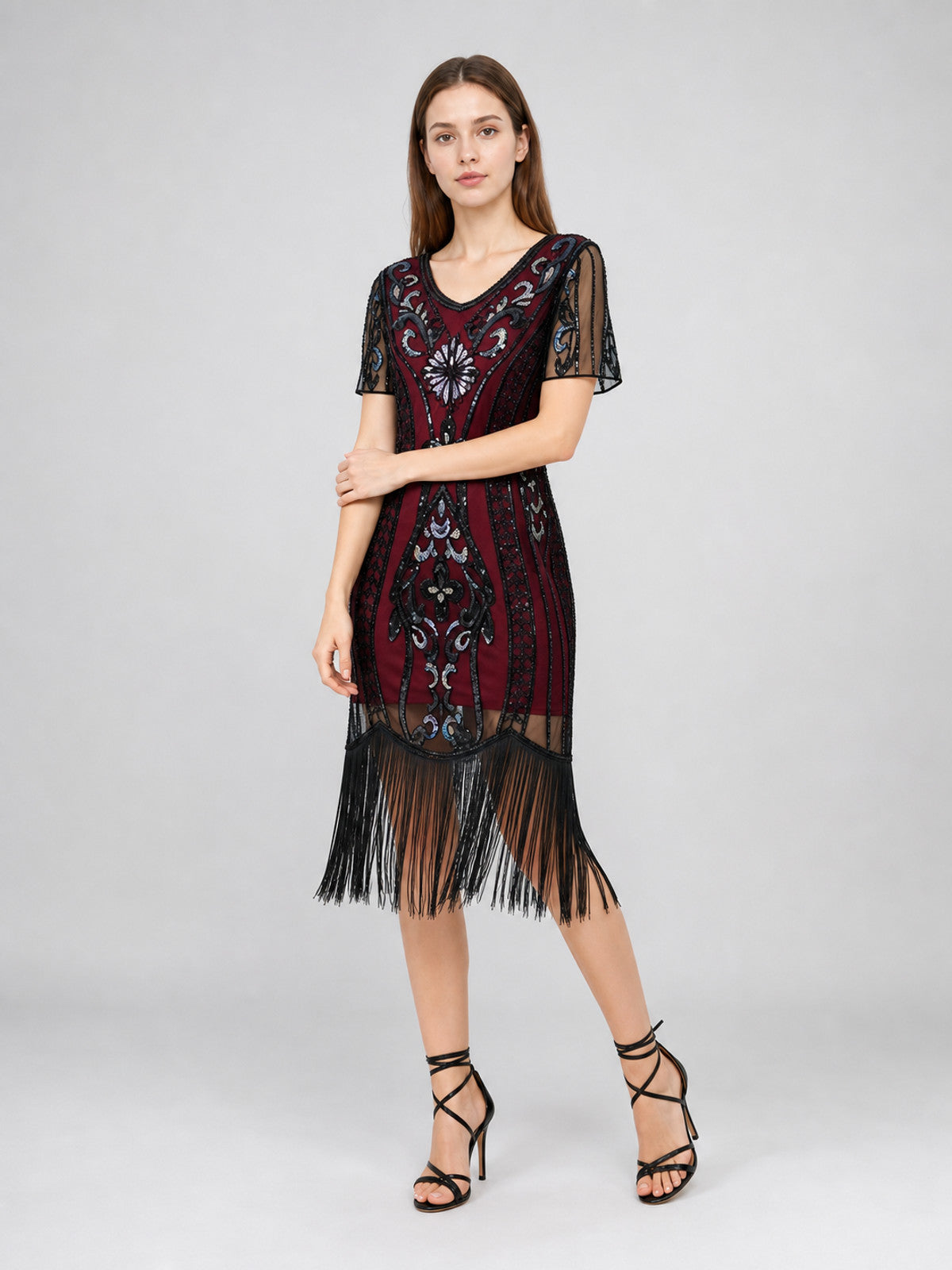 1920s-Style Evening Dress with Fringe and Sequins