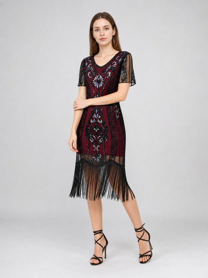 1920s-Style Evening Dress with Fringe and Sequins
