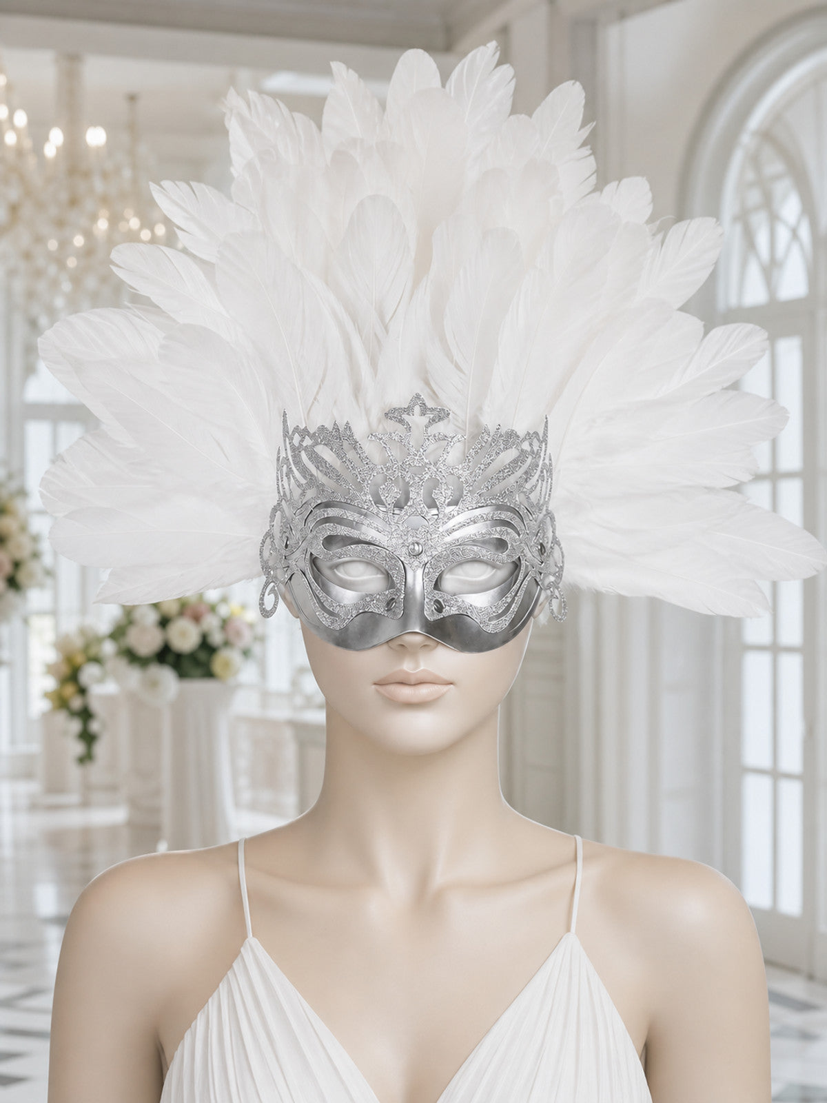 Silver eye mask with a large white feather plume displayed on a mannequin in a bright interior