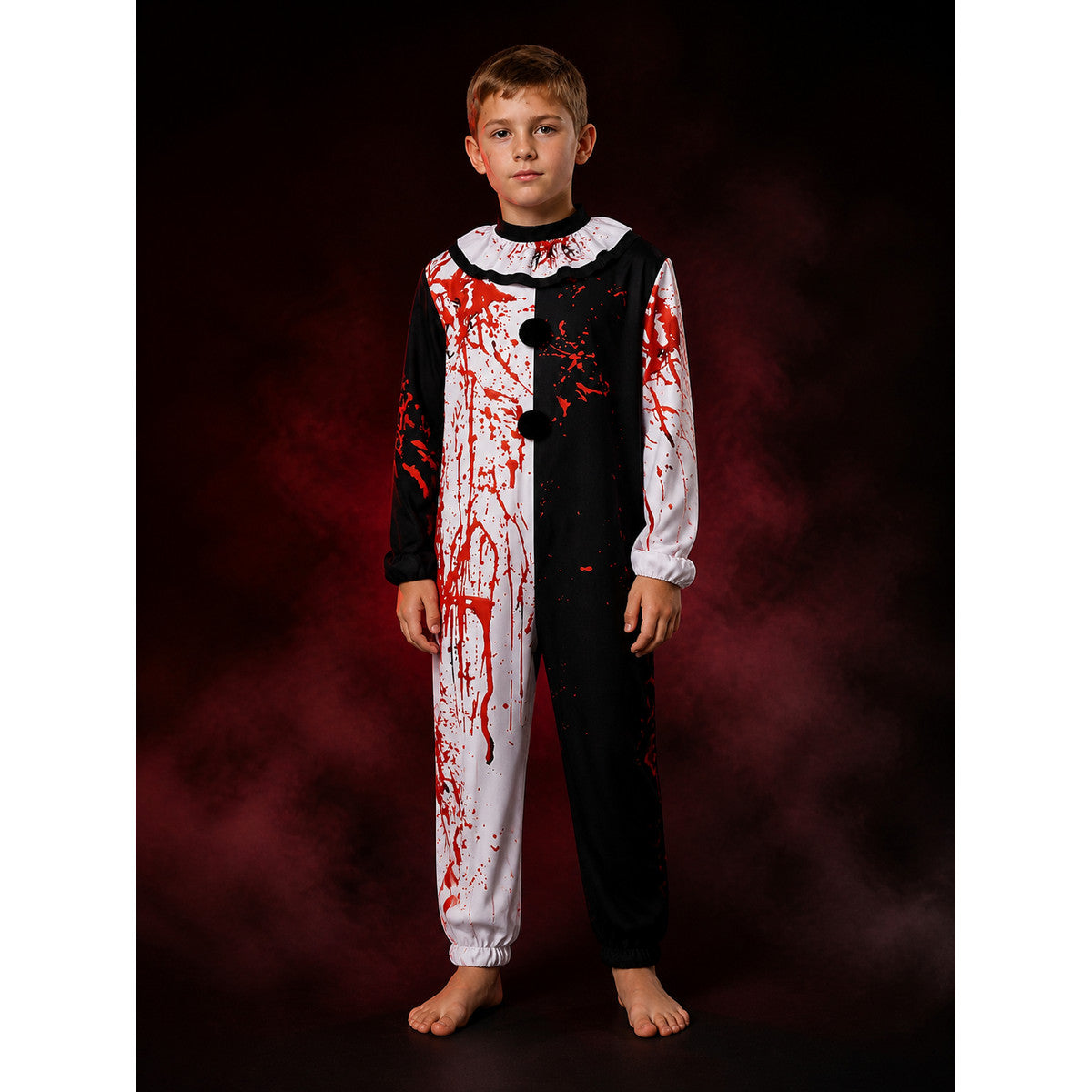 Men's Bloody Clown Jumpsuit Costume, Black White Split with Ruffled Collar main product view