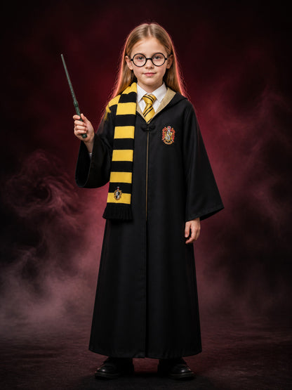 Wizard Costume Set, Black And Yellow Robe With Scarf, Tie, Wand And Glasses