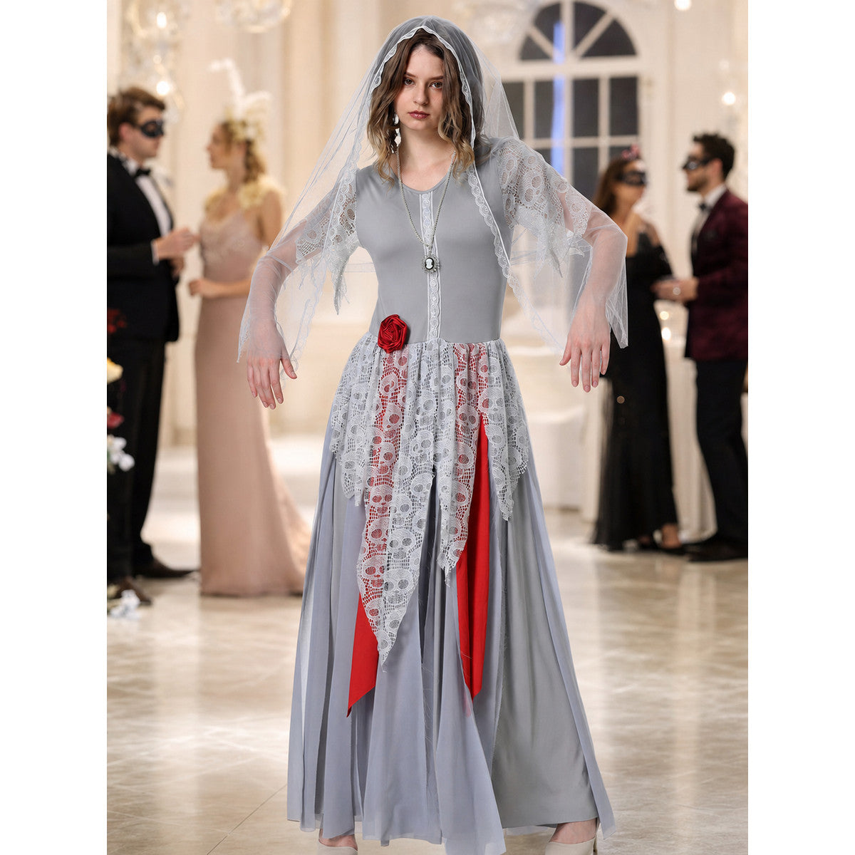 A retro court-inspired costume featuring a gray floor-length dress with white lace details and a veil. The design has a round neckline, long sleeves, a fitted bodice, and a flared skirt. White lace overlay appears on the sleeves and lower p
