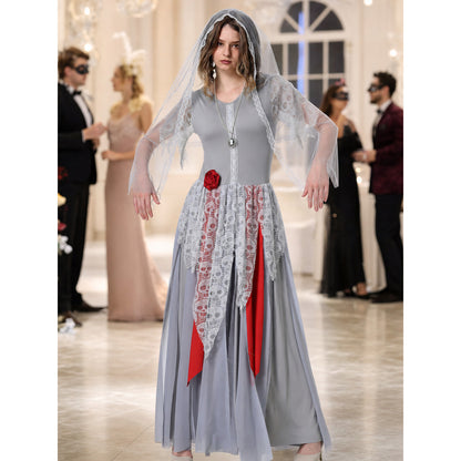 A retro court-inspired costume featuring a gray floor-length dress with white lace details and a veil. The design has a round neckline, long sleeves, a fitted bodice, and a flared skirt. White lace overlay appears on the sleeves and lower p