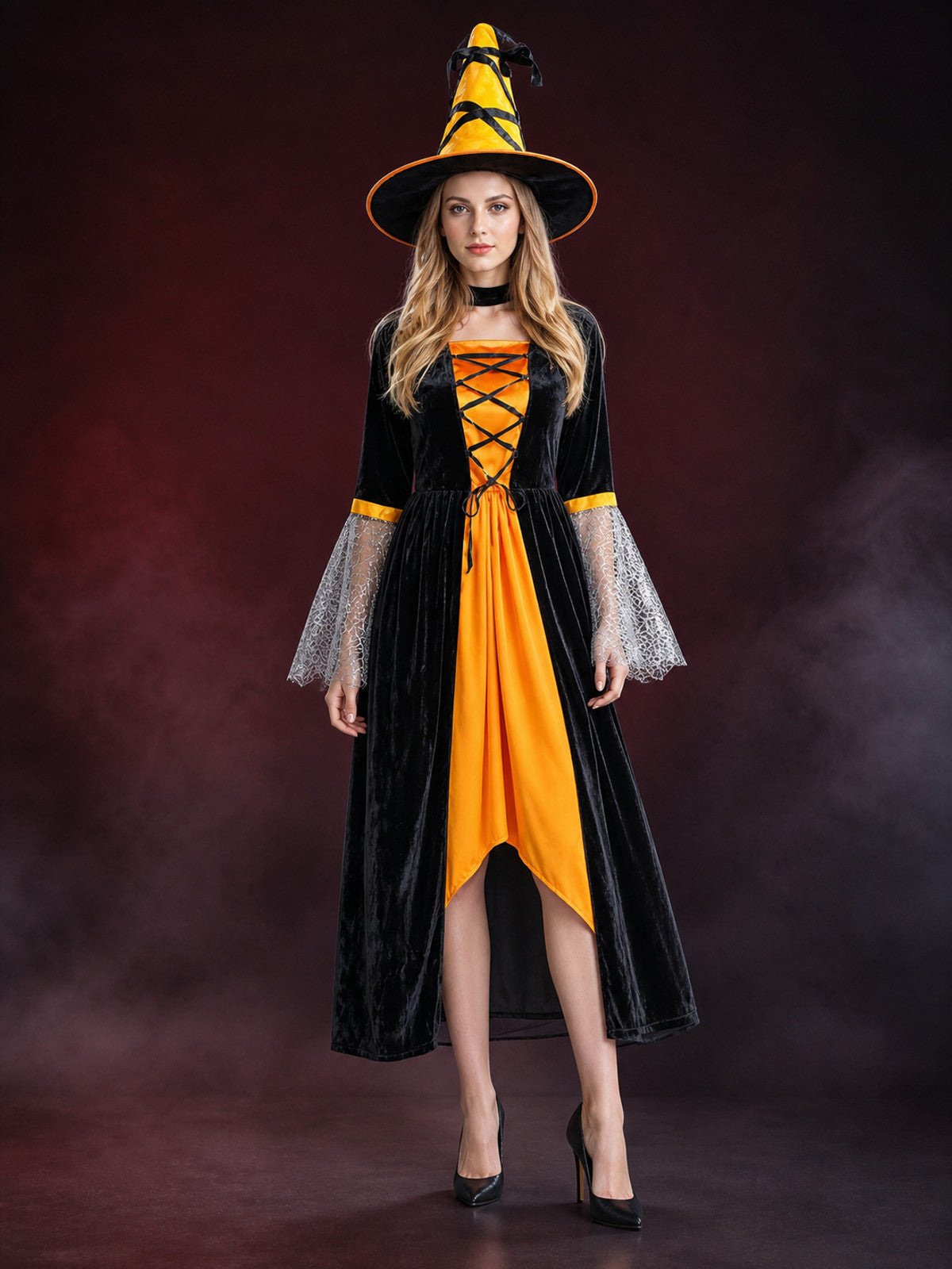 Halloween Witch Costume with Hat and Lace Sleeves