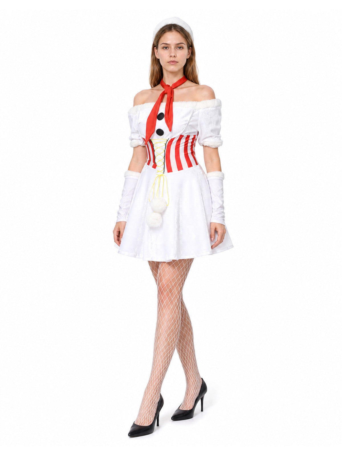 White Snowman Carnival Dress with Pom-Poms