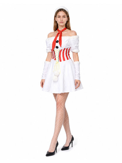 White Snowman Carnival Dress with Pom-Poms