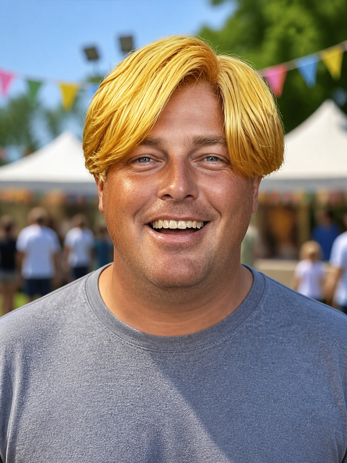 Golden short wig with side-parted bangs shown on a smiling model at an outdoor carnival scene